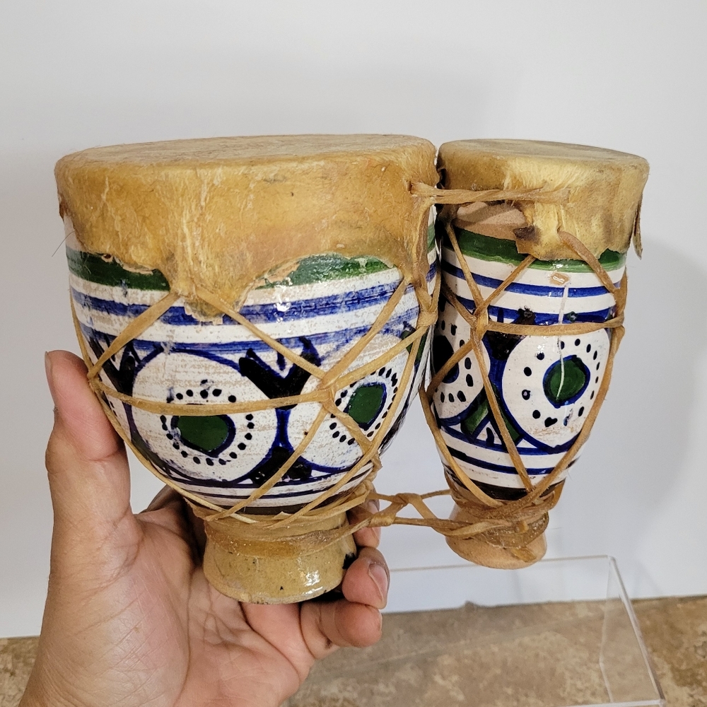 Vintage African / Moroccan Leather and Hand Painted Pottery Twin Drum